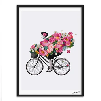 A Wall Art Északi Vászon Festmények Virág Kerékpáros Nő, Kép, HD Nyomatok lakberendezés Modern Moduláris Poszter Minimalista Nappali