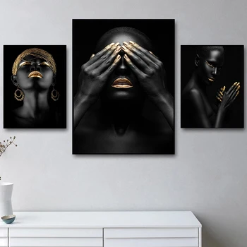 Afrikai Kreativitás Ábra Retrato Művészeti Fekete-Arany Nő Vászon Festmény Poszter Nyomtatás Wall Art Kép, Nappali