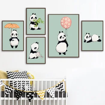 Aranyos Rajzfilm Panda Bambusz Léggömb Óvoda Északi Poszterek, Nyomatok, Wall Art Vászon Festmény, Fali Kép Baba, Gyerek Szoba Dekoráció