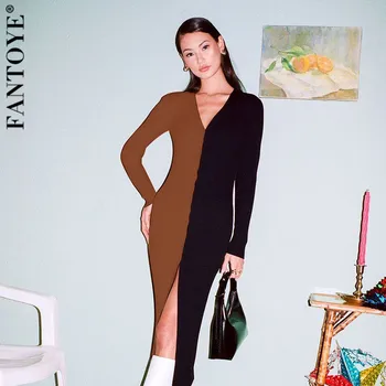 Fantoye Patchwork V-nyakú Gombot Női Ruha Fekete Hosszú Ujjú egysoros Ruha Női Őszi Sovány Divat Streetwear 2021