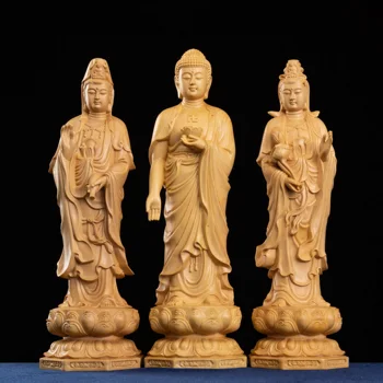 Gautama Buddha Guanyin Tömör Fa Kínai Puszpáng Faragás Vagyon Isten-Szobor Feng Shui Haza