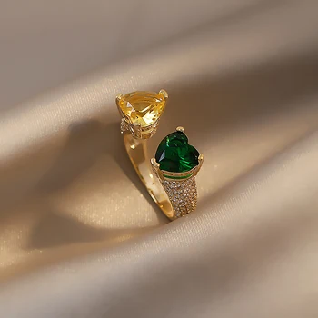 14K Valódi Arany Bevonat koreai Új Design Divat Ékszer Zöld Szerelmes Szív Cirkon Ring Elegáns Női Luxus Esküvői Buli gyűrűk