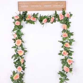2.2 m Selyem Mesterséges Rózsák Virágok Rattan String Szőlő, Zöld Levelekkel Haza, Esküvő, Kerti Dekoráció Lóg Garland Fal