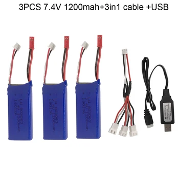 3PCS 7.4 V 1200mAh Akkumulátor USB Töltő 3 1 Kábel YiZhan Tarantula X6 MJX X101 X102h X1 H16 WLtoys V666 V262 V353 V333