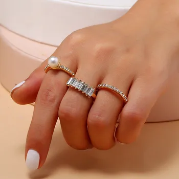 3pcs Kristály Gyöngy, Gyűrű Készlet Nők Ékszer, Arany Gyűrű Női Divat Vintage Ujj Gyűrű Femme Geometria Gyűrűk Ajándékok