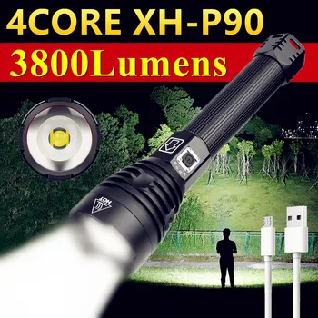 4CORE XHP90/P70/P50 Legerősebb LED-es Zseblámpa Töltés USB-kábel Taktikai Zseblámpa kézilámpa 26650 Nagyítható Vadászat Lámpa
