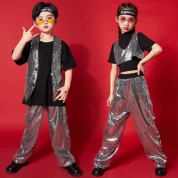 A Gyerekek Koncert Hip Hop Ruházat Sequin Ujjatlan Kabát Tartály Tetejét Póló Streetwear A Lány A Fiú Énekes, Jazz-Tánc, Jelmez