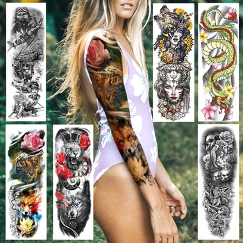 A Nők A Férfiak Teljes Kar Ideiglenes Tetoválás Ál-Tigris Fox Oroszlán Maszk Skull Rose Tetkóimat Matrica Body Art Hosszú Ujjú Méret Dekoráció