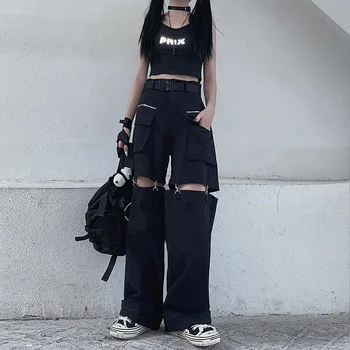 A Nők Streetwear Emo Alt Gótikus Fekete Nadrág Üreges Ki Punk Széles Láb Túlméretes Gót Zsebbel, Nadrág, Női Hip-Hop