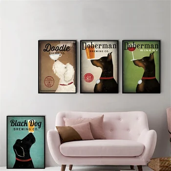 A Wall Art Retro Fekete Kutya Juhászkutya Dobermann Italt Kutya Vászon Képek Nappali Vintage Poszter Állatok Cuadros Decoracion