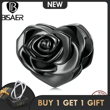 BISAER Szeretem a Fekete Rózsa Charm-Szív Vintage 925 Sterling Ezüst Varázsa Gyöngy Medál a Nők DIY Eredeti Karkötő EFC579