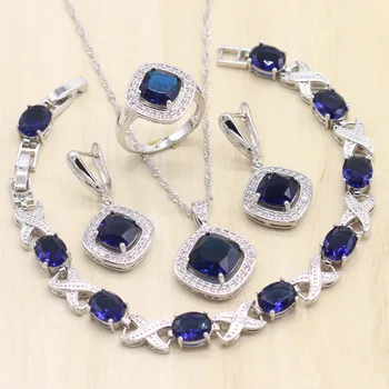 Ezüst Színű Női Ékszer Szettek Royal Kék féldrágakő Fülbevaló, Nyaklánc Medál Gyűrű Karkötő Extra Link Születésnapi Ajándék