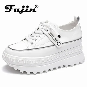 Fujin 5.5 cm-es Valódi Bőr Platform Wedge Cipő Vaskos Cipő Fehér Alkalmi Cipő Kényelmes, Lélegző Tavaszi, Őszi Cipő