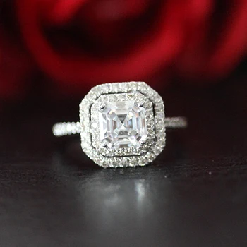 Gyönyörű 1.3 ct 6,5 mm-es egy Asscher Moissanite Eljegyzési Gyűrű 14K Fehér Arany, Dupla Glória Esküvői Gyűrű A Nők