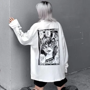 HOUZHOU Gótikus pólók Női Harajuku Anime Női Felsők 2021 Őszi Hosszú Ujjú Póló Streetwear Gót Grafikus Laza Póló