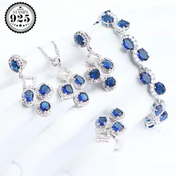 Kék Cirkon Női Ékszer Szett 925 Sterling Ezüst Esküvői Ékszer Medál Gyűrű Kövekkel Fülbevaló Karkötő Menyasszonyi Nyaklánc Szett