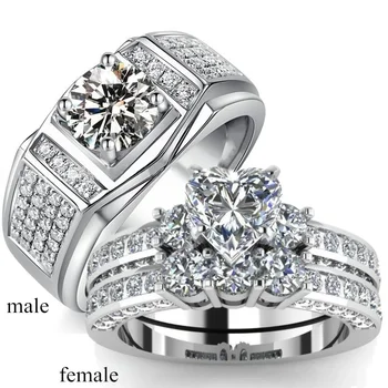 Luxus Pár Gyűrű Női Szív, Fehér, Kristály, Strassz Gyűrű Szett Férfi CZ Rozsdamentes Acél Gyűrű, Esküvő, Eljegyzés, Ékszerek