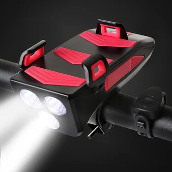 Multi-funkciós Kerékpár Lámpa USB Újratölthető LED-es Kerékpár Lámpa Bicikli Duda Telefon tulajdonosa Powerbank 4 az 1-ben MTB Kerékpár Első Lámpa