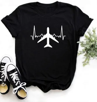 Repülőgép Szívverés Nyomtatás Póló Női Rövid Ujjú O Nyak, Laza Nők Tshirt Női Nyári Divat Póló Maximum Ruhát Mujer