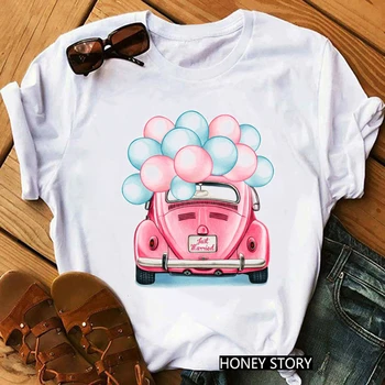 Rózsaszín Autó Léggömb Print Női Póló Csak Házas Tshirt Femme Aranyos Ruhát A Lányok Harajuku Rövid Ujjú T-Shirt