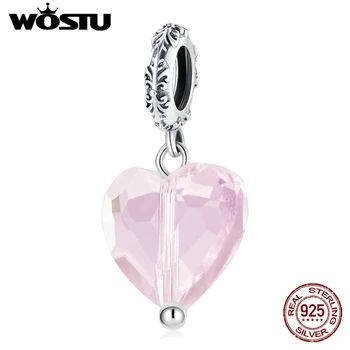 WOSTU 925 Sterling Ezüst Charm Szőlő Szerelem Gyöngy Pink Cirkon Szív alakú Medál Illik Eredeti Karkötő DIY Ékszerek CQC1816-PK