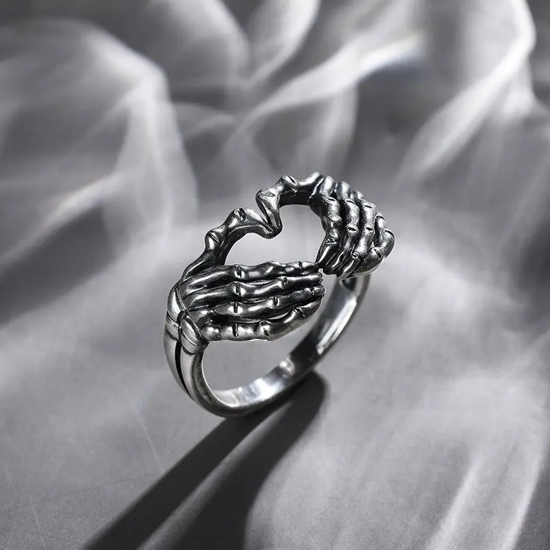 Klasszikus Punk Férfi Koponya Gyűrű Antik Ezüstös Gótikus Koponya Csontváz Kezét Szív Gyűrű, Kézzel készített Férfi-Rock Motoros Ékszerek 2