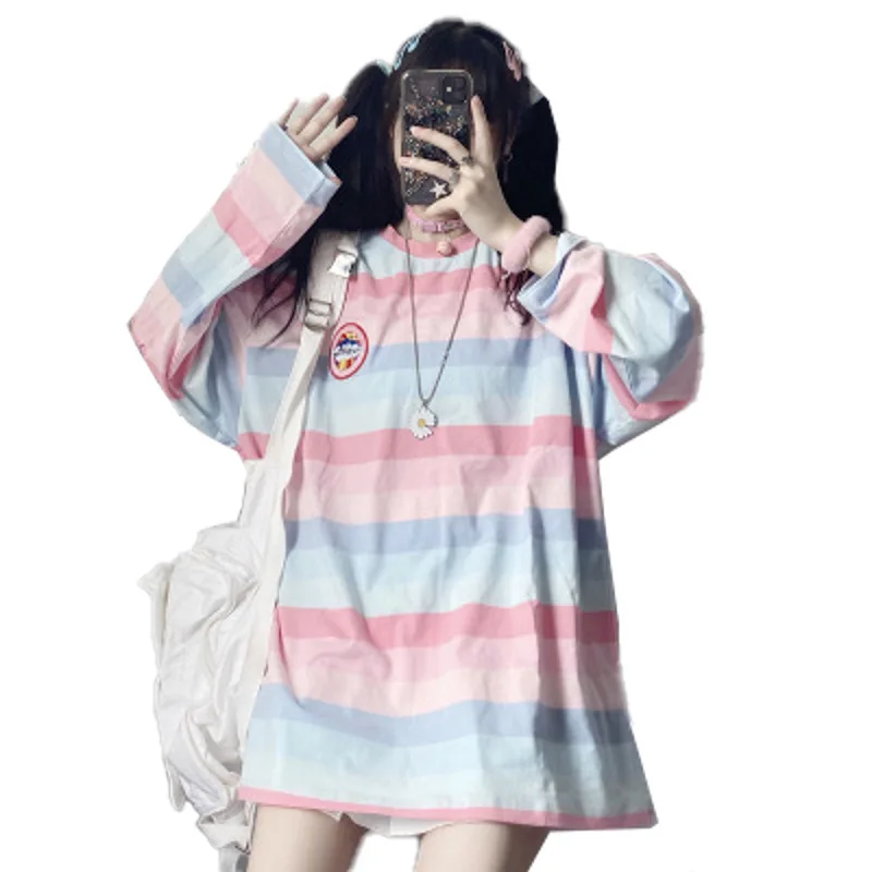 Őszi Kpop koreai stílusú Ruha Hosszú ujjú Póló Női Csíkos tshirt Plus size Laza Felsők Mujer Camisetas Femme póló 4