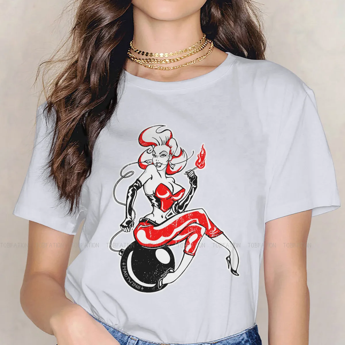 Pin-Up Girl Modell Pop Art Lányok Póló Bomba Rockabilly Őrült Ikrek Női Felsők Harajuku Kawaii Pólók Női Pamut Tshirt 4XL 1